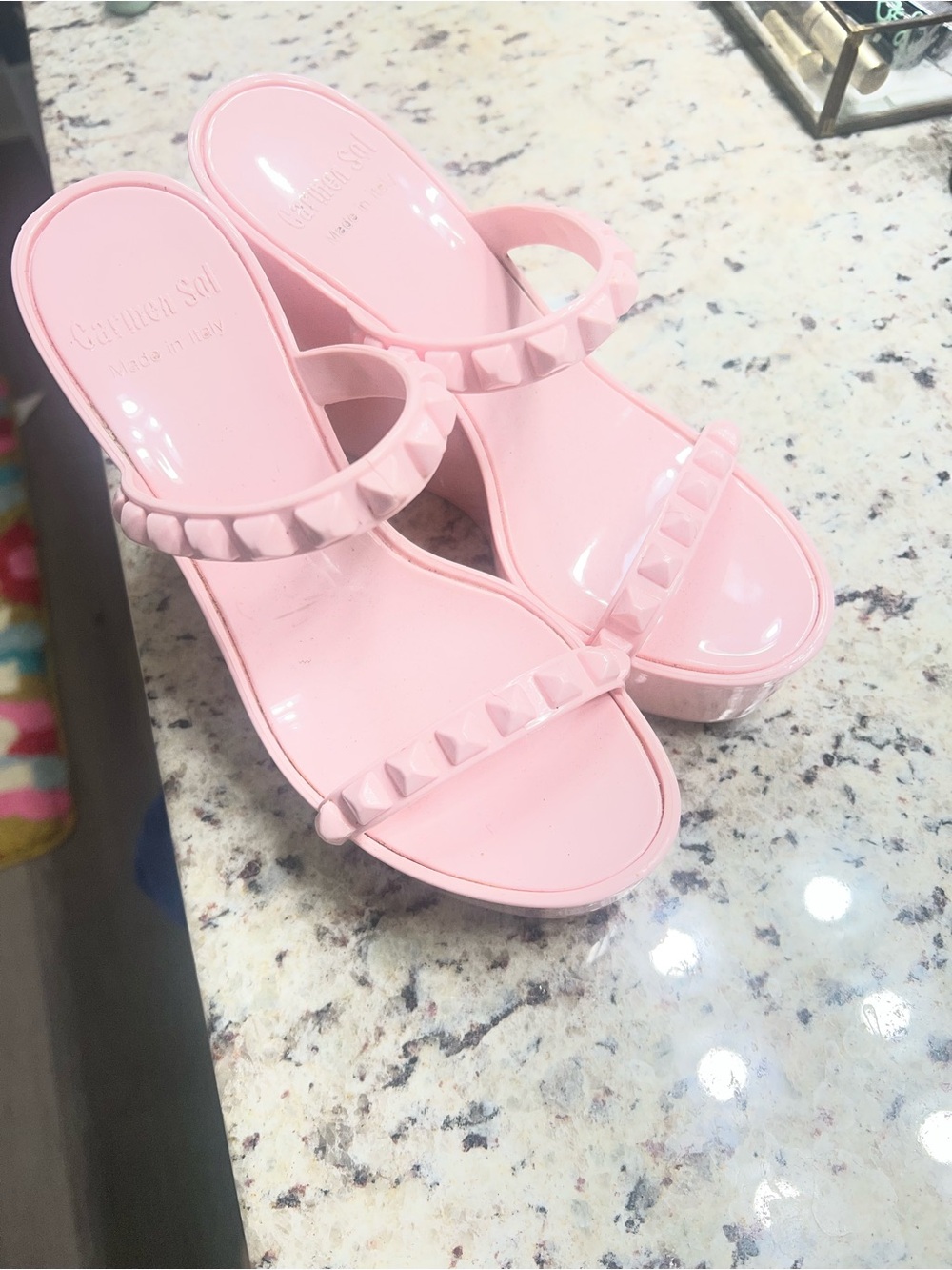 Women's Pink Studded Wedge Slide Sandals